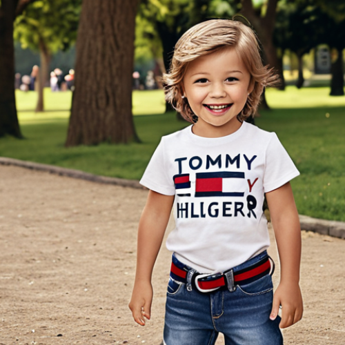 Home 4 A happy child wearing a stylish and comfortable Tommy Hilfiger Kids outfit (T-shirt and jeans) playing in a park. The clothes should look durable and well-made.