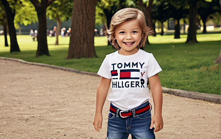 A happy child wearing a stylish and comfortable Tommy Hilfiger Kids outfit (T-shirt and jeans) playing in a park. The clothes should look durable and well-made.