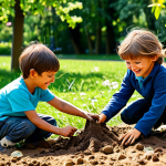 A diverse group of happy children, aged 6-10, fully clothed in modest and appropriate outdoor play attire, are actively engaged in imaginative play in a vibrant, sun-drenched park. One child is carefully building a small structure with natural materials like mud and leaves, while another is examining a plant with curious wonder. A third child is joyfully running nearby, creating a sense of dynamic activity. The background features lush green trees, blooming flowers, and a clear blue sky, emphasizing a healthy, natural environment. The scene highlights childhood creativity, social interaction, and cognitive development through outdoor exploration. Perfect anatomy, correct proportions, natural pose, well-formed hands, proper finger count, natural body proportions. Safe for work, appropriate content, fully clothed, family-friendly.