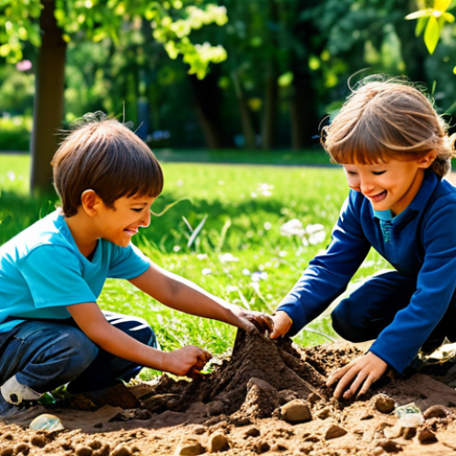 A diverse group of happy children, aged 6-10, fully clothed in modest and appropriate outdoor play attire, are actively engaged in imaginative play in a vibrant, sun-drenched park. One child is carefully building a small structure with natural materials like mud and leaves, while another is examining a plant with curious wonder. A third child is joyfully running nearby, creating a sense of dynamic activity. The background features lush green trees, blooming flowers, and a clear blue sky, emphasizing a healthy, natural environment. The scene highlights childhood creativity, social interaction, and cognitive development through outdoor exploration. Perfect anatomy, correct proportions, natural pose, well-formed hands, proper finger count, natural body proportions. Safe for work, appropriate content, fully clothed, family-friendly.