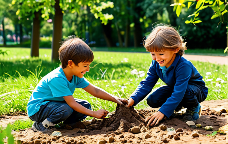 A diverse group of happy children, aged 6-10, fully clothed in modest and appropriate outdoor play attire, are actively engaged in imaginative play in a vibrant, sun-drenched park. One child is carefully building a small structure with natural materials like mud and leaves, while another is examining a plant with curious wonder. A third child is joyfully running nearby, creating a sense of dynamic activity. The background features lush green trees, blooming flowers, and a clear blue sky, emphasizing a healthy, natural environment. The scene highlights childhood creativity, social interaction, and cognitive development through outdoor exploration. Perfect anatomy, correct proportions, natural pose, well-formed hands, proper finger count, natural body proportions. Safe for work, appropriate content, fully clothed, family-friendly.