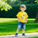 **

A young child (boy or girl, specify if needed) wearing a bright yellow cotton MLB Kids t-shirt with a cartoon print, paired with comfortable denim shorts.  The child is playing outdoors in a sunny park, fully clothed, appropriate attire, safe for work, perfect anatomy, natural proportions, professional photography, high quality, family-friendly. The background includes green grass and trees.

**