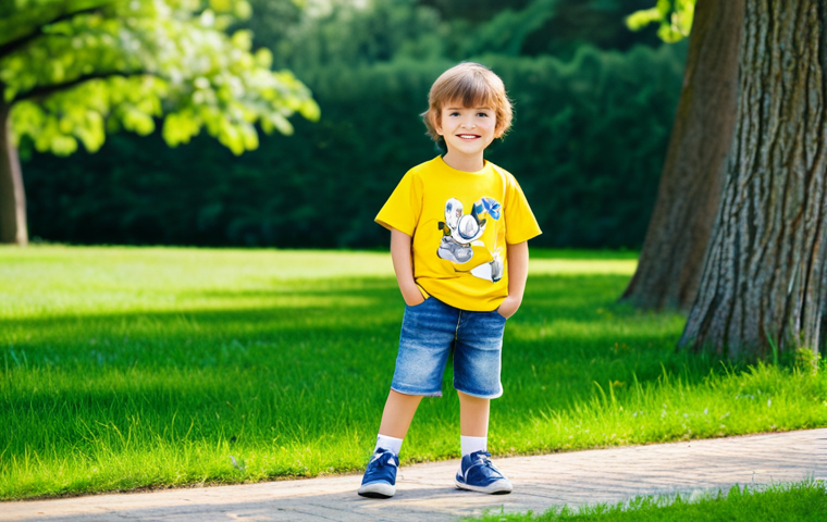 **

A young child (boy or girl, specify if needed) wearing a bright yellow cotton MLB Kids t-shirt with a cartoon print, paired with comfortable denim shorts.  The child is playing outdoors in a sunny park, fully clothed, appropriate attire, safe for work, perfect anatomy, natural proportions, professional photography, high quality, family-friendly. The background includes green grass and trees.

**