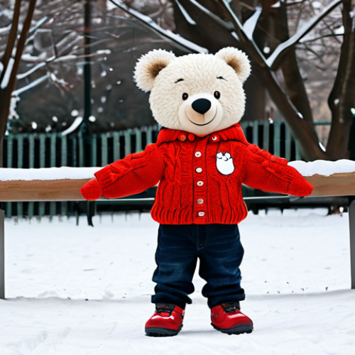**

"A young child, fully clothed in a bright red knitted sweater with a cartoon animal (like a friendly bear) on it, playing in a snowy park, appropriate attire, safe for work, perfect anatomy, well-formed hands, proper finger count, natural body proportions, family-friendly, professional children's clothing advertisement, high quality."

**
