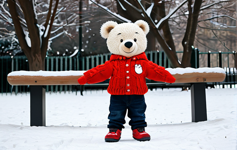 **

"A young child, fully clothed in a bright red knitted sweater with a cartoon animal (like a friendly bear) on it, playing in a snowy park, appropriate attire, safe for work, perfect anatomy, well-formed hands, proper finger count, natural body proportions, family-friendly, professional children's clothing advertisement, high quality."

**