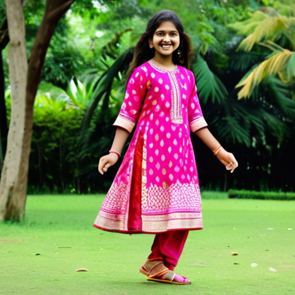 **Prompt:** A young Bengali girl, fully clothed in a colorful salwar kameez, smiling and skipping in a lush green park, wearing comfortable and supportive pink sandals, safe for work, appropriate content, fully clothed, professional, modest, perfect anatomy, correct proportions, natural pose, well-formed hands, proper finger count, natural body proportions, high quality, family-friendly.