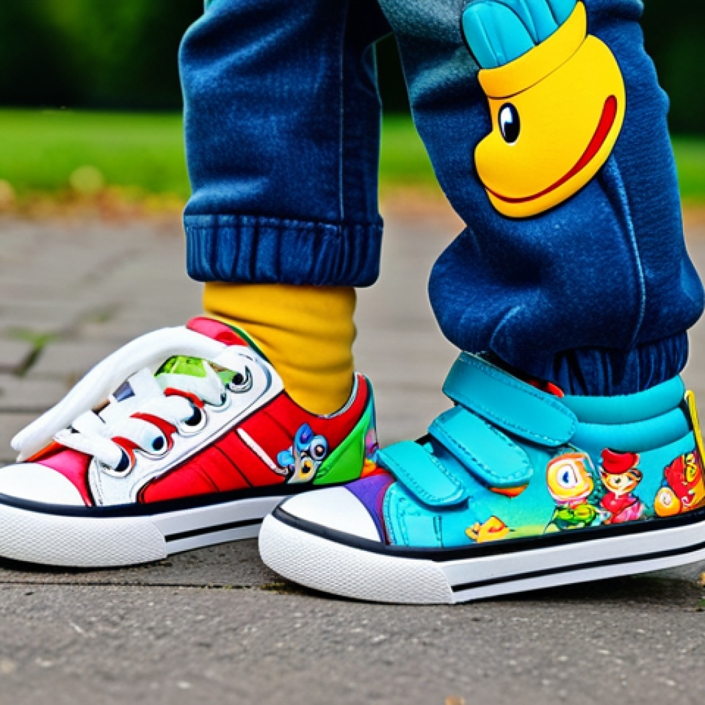 슈펜키즈의 인기 신발 소개 - A cheerful child wearing brightly colored "Shupen Kids" sneakers with cartoon characters, playing in...