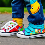 슈펜키즈의 인기 신발 소개 - A cheerful child wearing brightly colored "Shupen Kids" sneakers with cartoon characters, playing in...