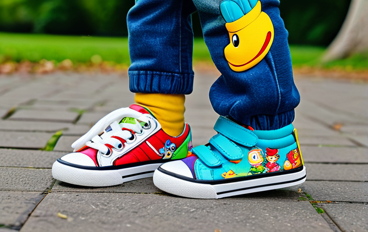 슈펜키즈의 인기 신발 소개 - A cheerful child wearing brightly colored "Shupen Kids" sneakers with cartoon characters, playing in...
