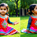 유아복 인기 브랜드 - A toddler girl, fully clothed in a bright, colorful *salwar kameez* with floral designs, playing in ...