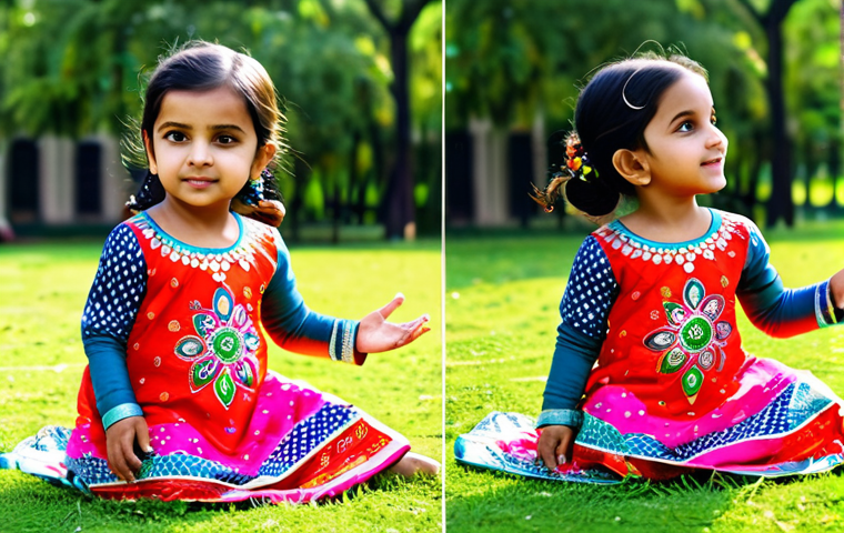 유아복 인기 브랜드 - A toddler girl, fully clothed in a bright, colorful *salwar kameez* with floral designs, playing in ...