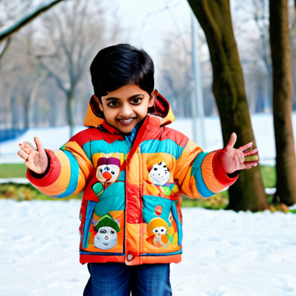 아동 겨울 점퍼 브랜드 - A cute Bengali child, fully clothed in a colorful, warm winter jacket with a cartoon print, playing ...