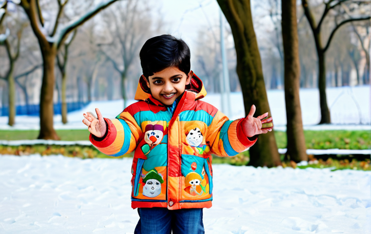 아동 겨울 점퍼 브랜드 - A cute Bengali child, fully clothed in a colorful, warm winter jacket with a cartoon print, playing ...