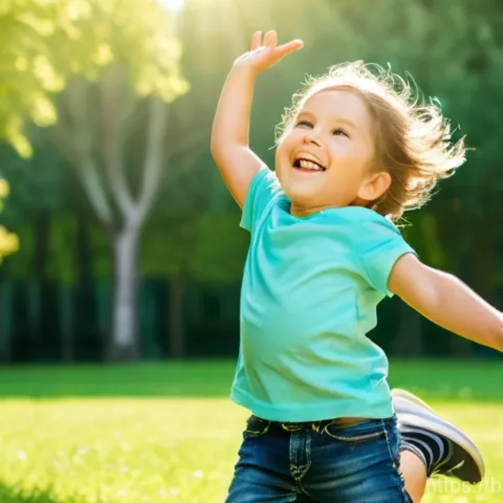 키즈 데님 브랜드 추천 - **Prompt 1: Joyful Play in Flexible Denim**
A vibrant, medium shot image featuring a happy and e...
