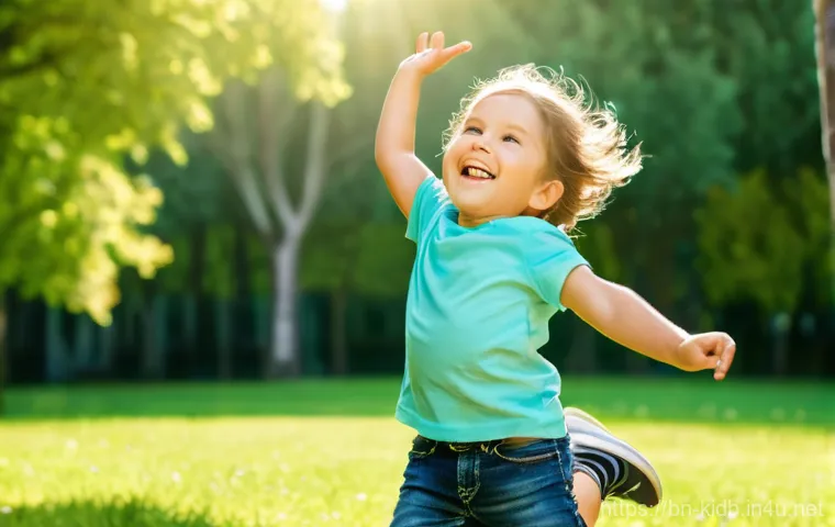 키즈 데님 브랜드 추천 - **Prompt 1: Joyful Play in Flexible Denim**
    A vibrant, medium shot image featuring a happy and e...