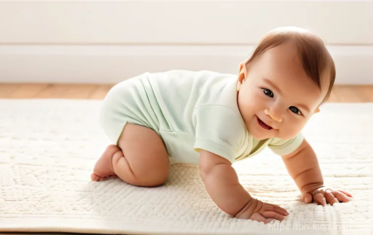 키즈 의류 브랜드의 특징 - **Prompt 1: Serene Baby in Organic Comfort**
    A happy, smiling baby, approximately 8-12 months ol...