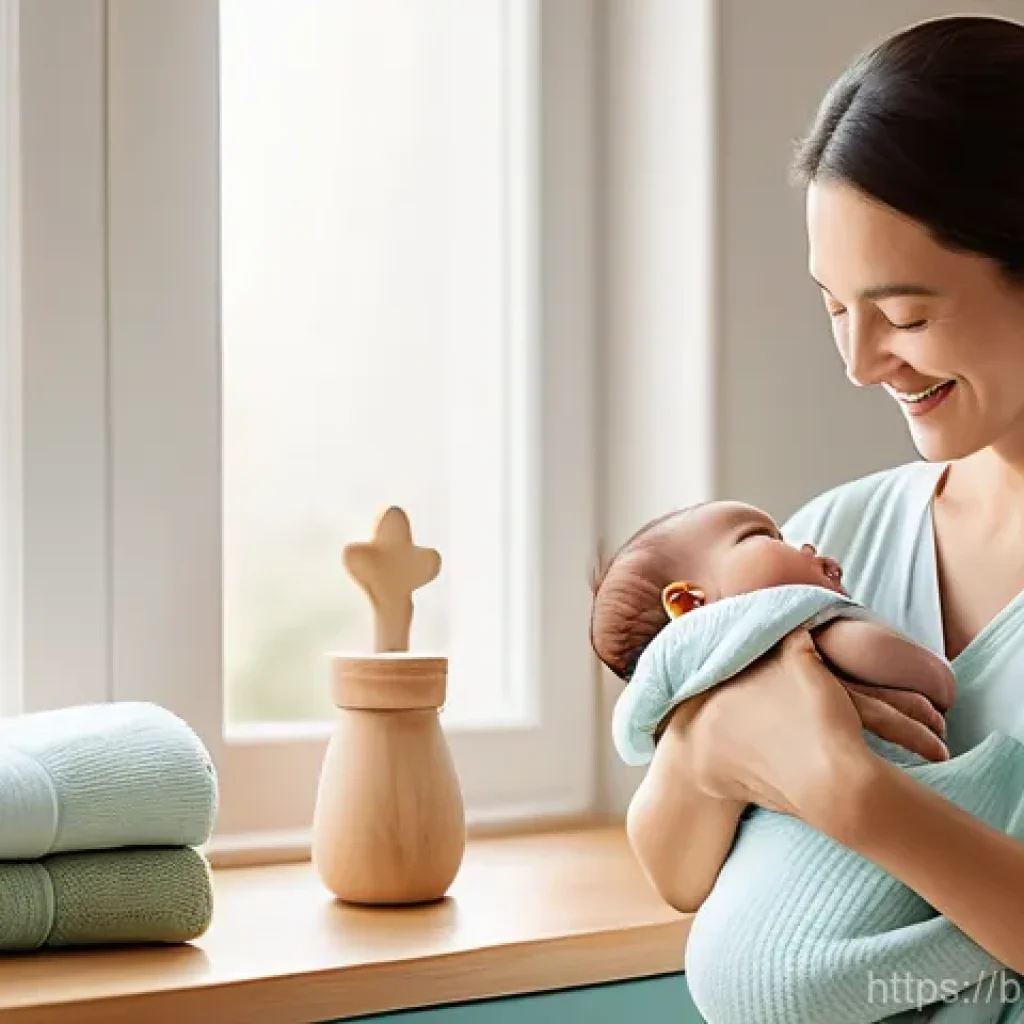 오가닉맘의 친환경 인증 - **Prompt:** A heartwarming, soft-focused portrait of a loving young mother gently holding her conten...