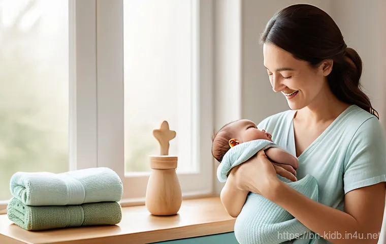 오가닉맘의 친환경 인증 - **Prompt:** A heartwarming, soft-focused portrait of a loving young mother gently holding her conten...