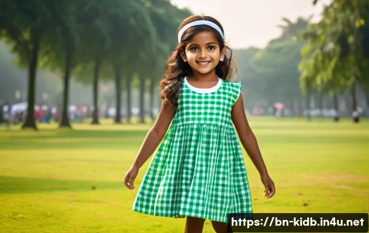 버버리키즈와 닥스키즈의 코디법 - **A young Bangladeshi girl (age 7) wearing a Daks Kids' signature check-pattern dress. She is playin...