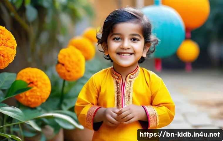 아동복 세일 기간 정리 - A cheerful Bengali toddler wearing a colorful, traditional semi-formal outfit with a comfortable cot...