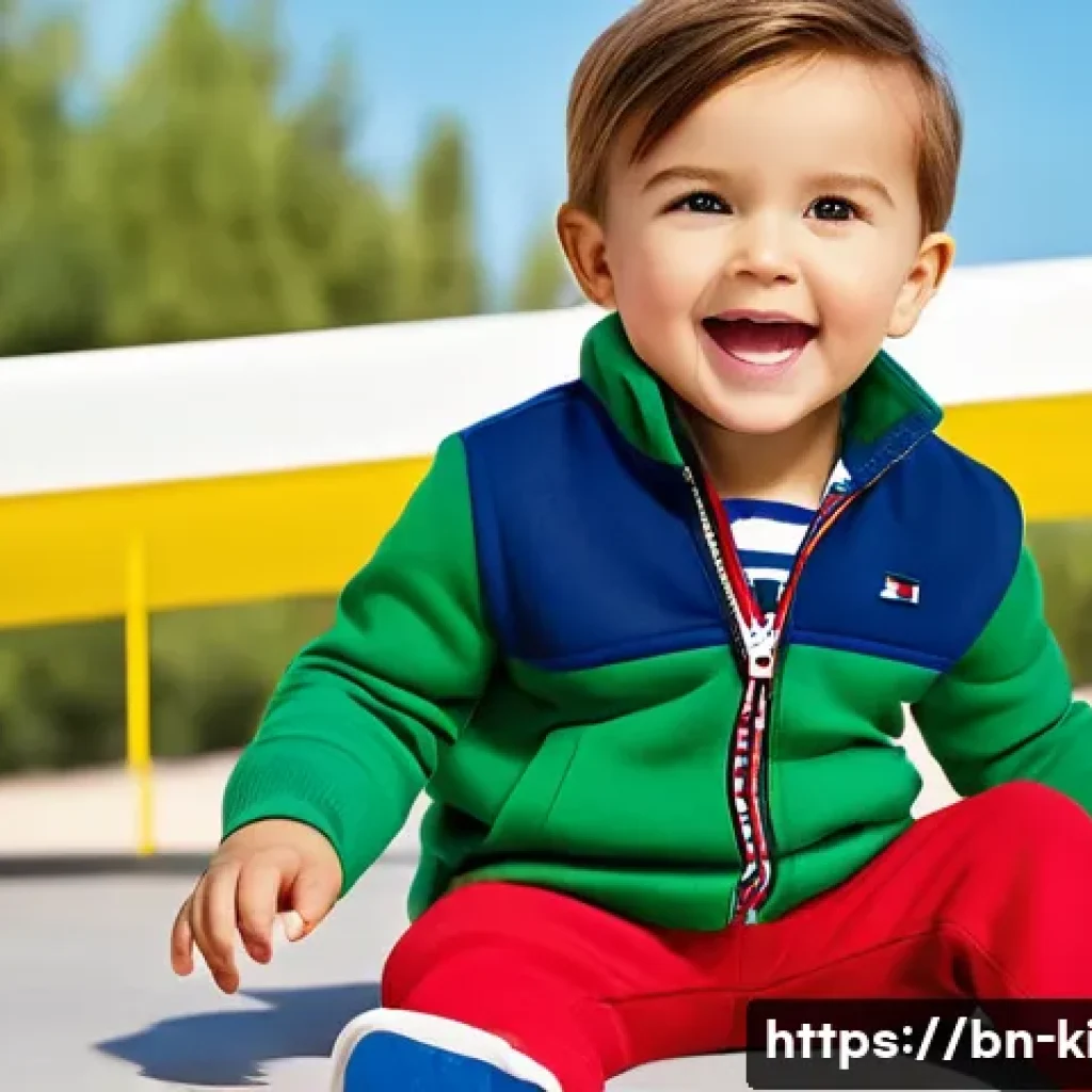 타미힐피거 키즈의 신제품 컬렉션 - A cheerful toddler wearing colorful Tommy Hilfiger Kids clothing featuring vibrant blue, red, yellow...