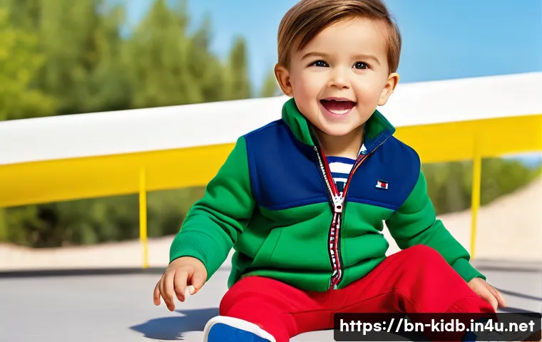 타미힐피거 키즈의 신제품 컬렉션 - A cheerful toddler wearing colorful Tommy Hilfiger Kids clothing featuring vibrant blue, red, yellow...