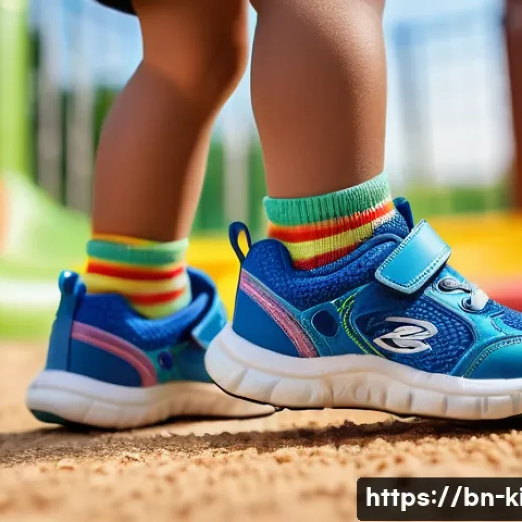 아동 스포츠화 브랜드 비교 - A detailed close-up of a young Bengali child wearing colorful, breathable sports shoes designed spec...
