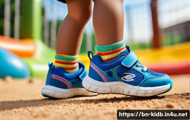 아동 스포츠화 브랜드 비교 - A detailed close-up of a young Bengali child wearing colorful, breathable sports shoes designed spec...