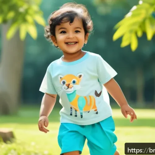 Home 33 키즈 여름 티셔츠 브랜드 - A cheerful Bengali toddler wearing a light, breathable cotton T-shirt with pastel blue tones, featur...