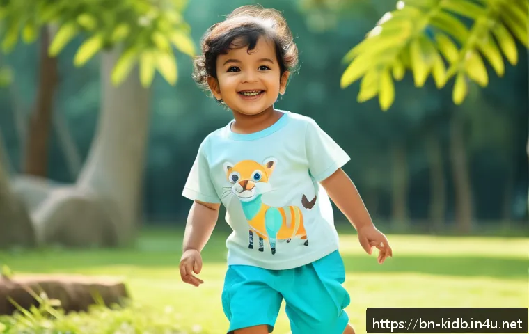 키즈 여름 티셔츠 브랜드 - A cheerful Bengali toddler wearing a light, breathable cotton T-shirt with pastel blue tones, featur...