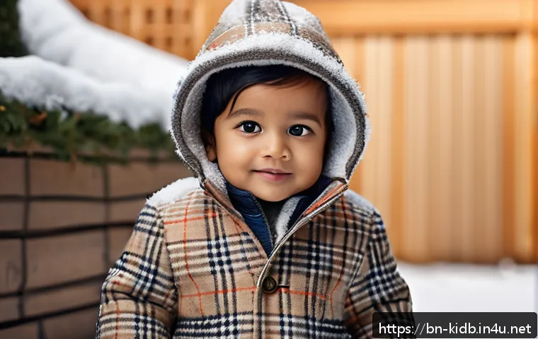 버버리키즈 럭셔리 아동복 리뷰 - A happy Bengali toddler wearing a stylish Burberry Kids winter jacket made from premium wool and fla...