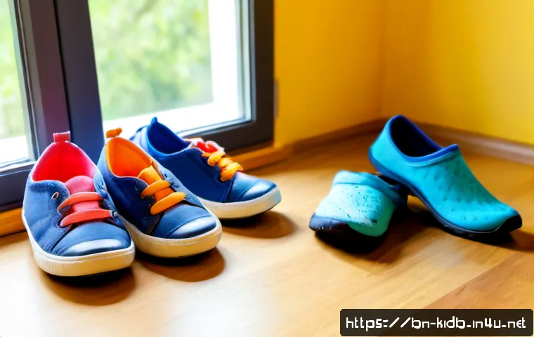 슈펜키즈 아동화 추천 - Photorealistic children’s shoe recommendation scene, three pairs of colorful unbranded kids’ sneaker...