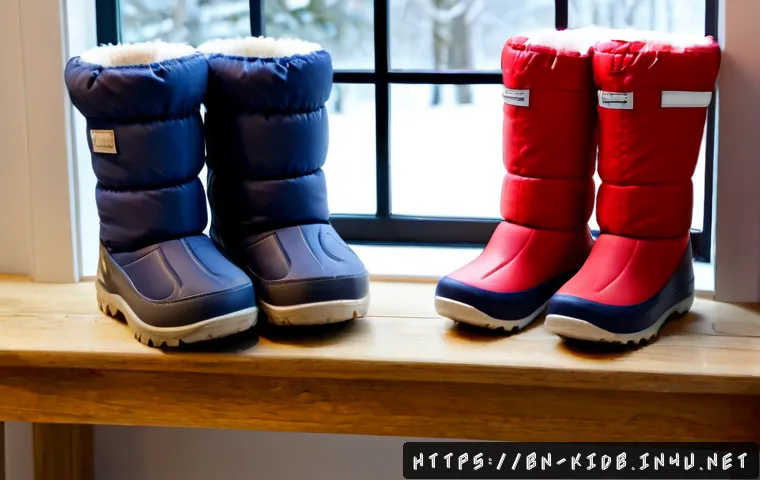 아동용 겨울 부츠 브랜드 - Photorealistic winter product comparison scene featuring two pairs of unbranded children’s snow boot...
