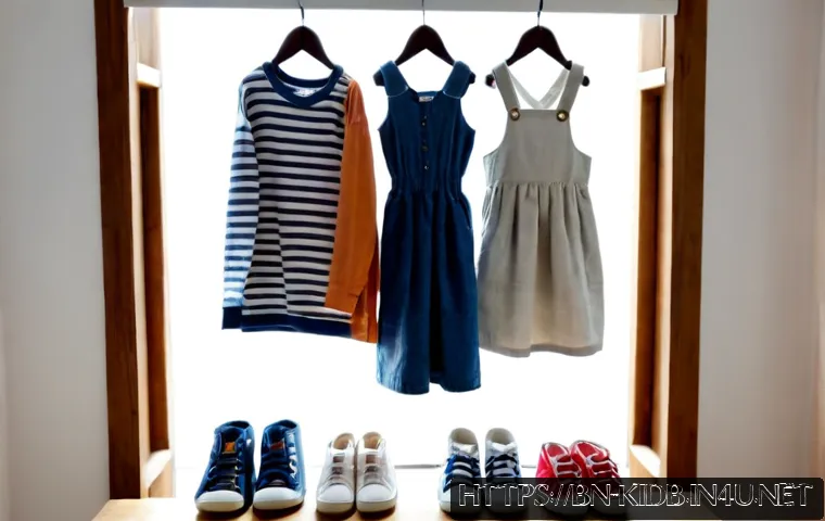 해외 아동복 추천 브랜드 - Photorealistic children’s fashion selection scene, neatly arranged colorful premium kids clothing on...