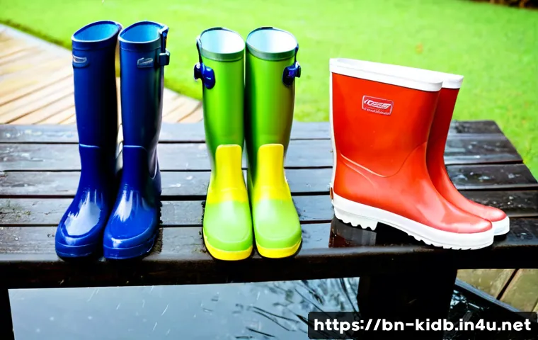 아동용 방수 장화 브랜드 - Photorealistic product comparison scene of three pairs of colorful children’s waterproof rain boots,...