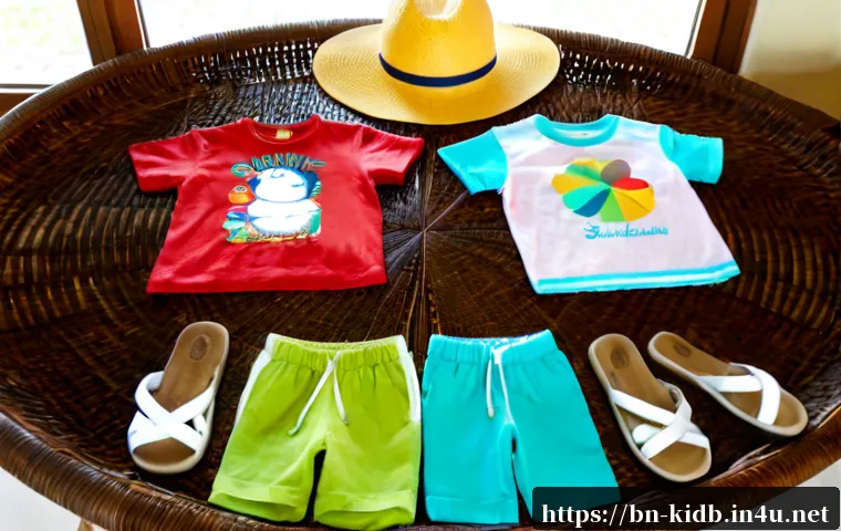 갭키즈 여름 의류 추천 - Photorealistic summer children’s fashion flat lay on a light rattan table, neatly arranged colorful ...